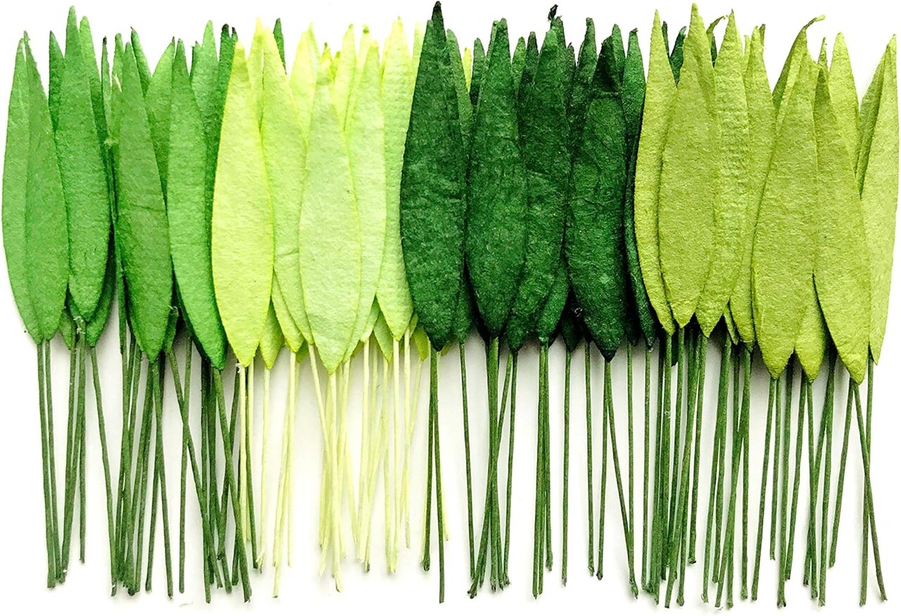 50-Piece Mixed Green Mulberry Paper Leaves with Wire Stems - 8mm Mini Grass Leaf Embellishments - Handmade Craft Supplies for Scrapbooking, Card Making, Wedding Decor, and DIY Floral Arrangements
